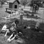 807401 Afbeelding van enkele kinderen met konijnen en een varken in een weide van de kinderboerderij in het park De ...